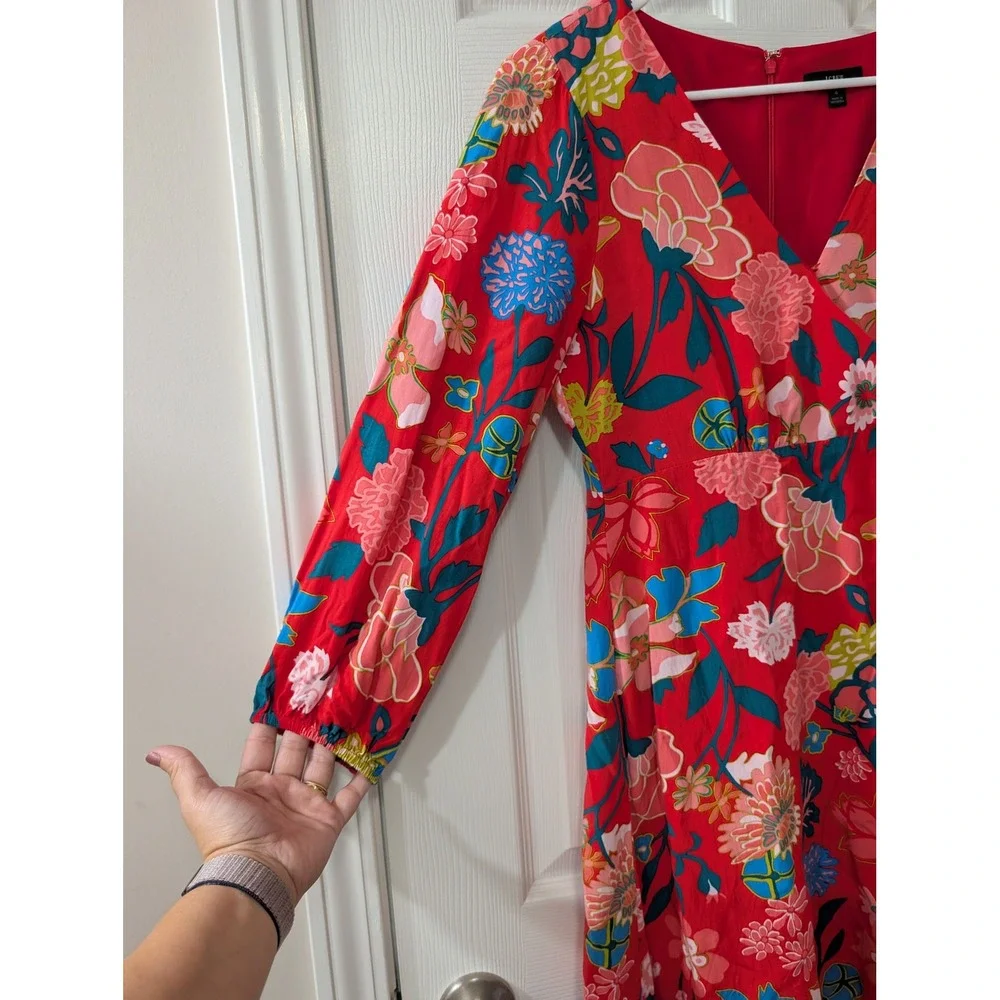 J. Crew, Wmns 4, V-Neck Floral Mini Dress, Long Sleeve, Red, Whimsy, Lightweight